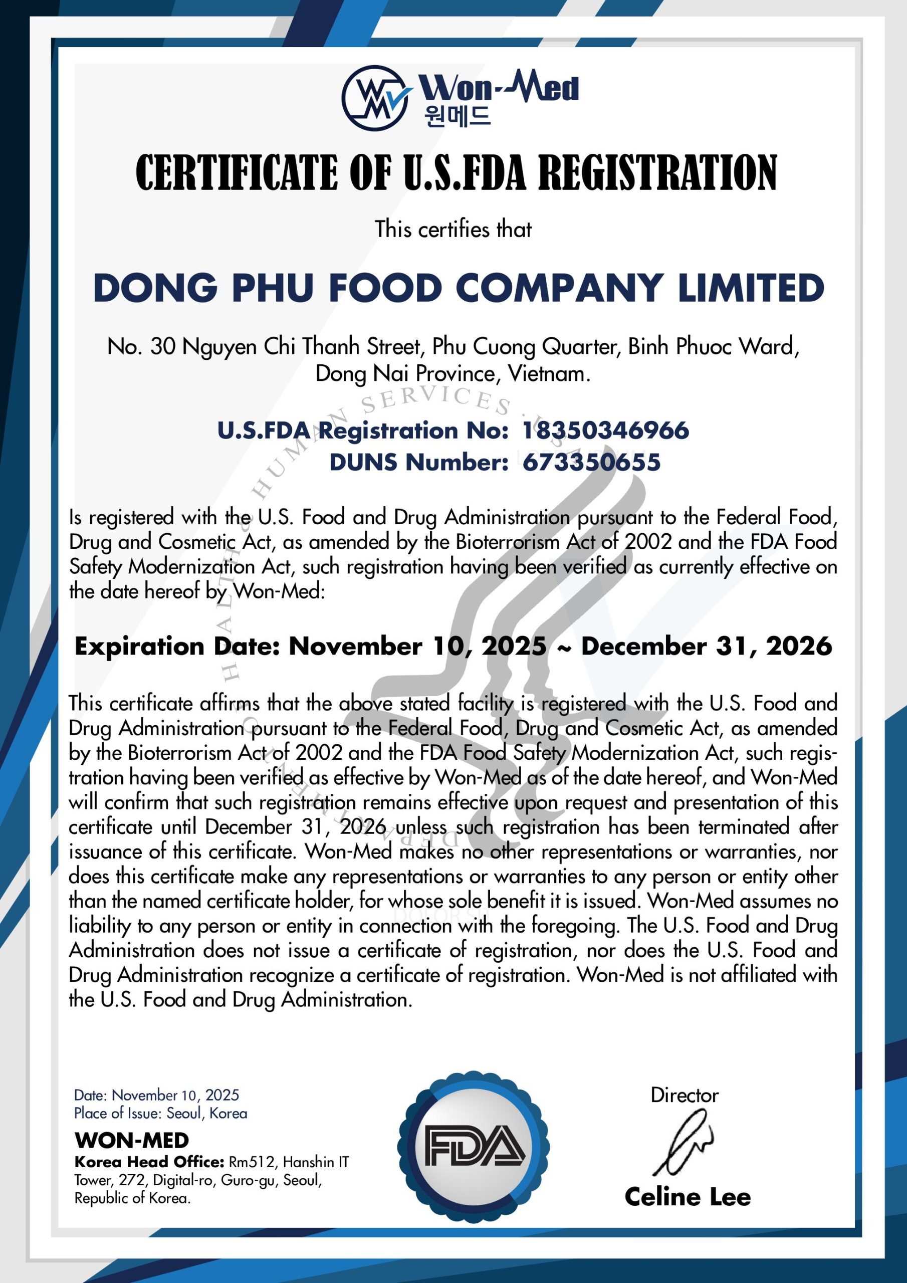 Chứng nhận FDA của công ty Thực Phẩm Đồng Phú