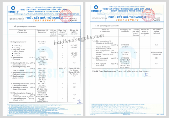 Xét nghiệm thành phần dinh dưỡng hạt điều rang muối còn vỏ lụa