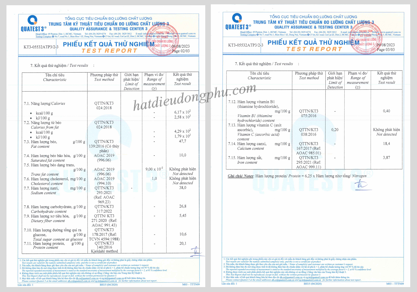 Xét nghiệm thành phần dinh dưỡng hạt điều rang muối còn vỏ lụa